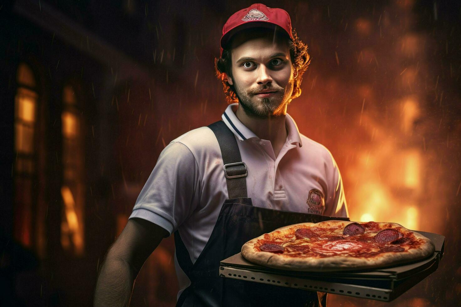 ai generado Pizza entrega hombre Listo a Pizza cajas a cliente. comida entrega servicio, Pizza para joven hombre a hogar ai generado foto