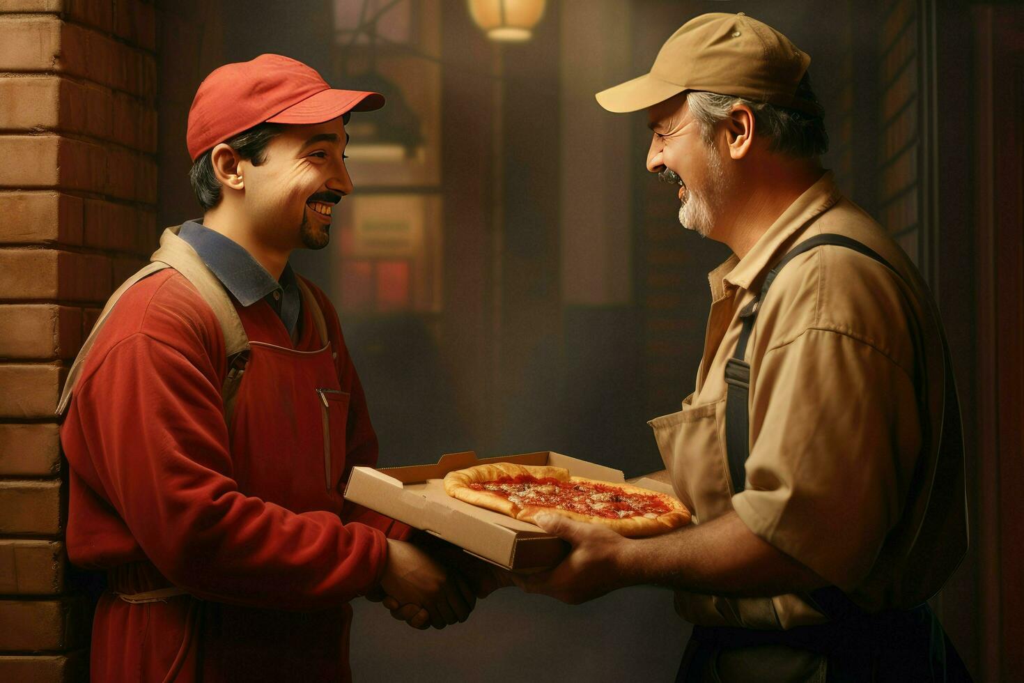 ai generado Pizza entrega hombre Listo a Pizza cajas a cliente. comida entrega servicio, Pizza para joven hombre a hogar ai generado foto