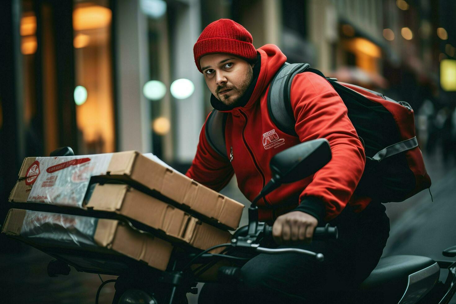 ai generado Pizza entrega hombre Listo a Pizza cajas a cliente. comida entrega servicio, Pizza para joven hombre a hogar ai generado foto