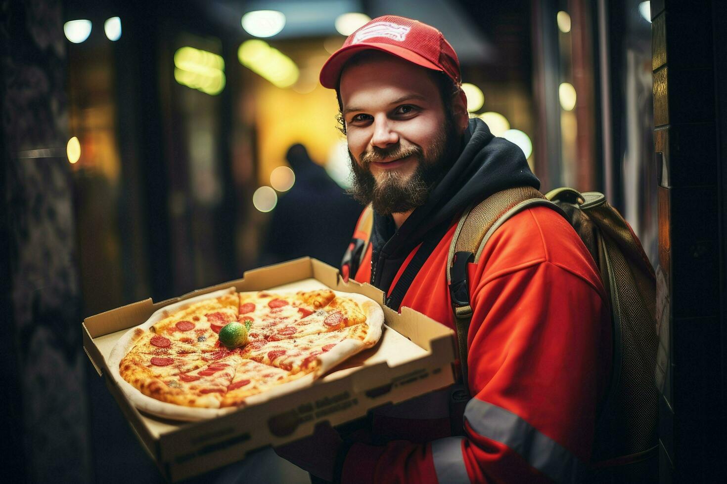 ai generado Pizza entrega hombre Listo a Pizza cajas a cliente. comida entrega servicio, Pizza para joven hombre a hogar ai generado foto