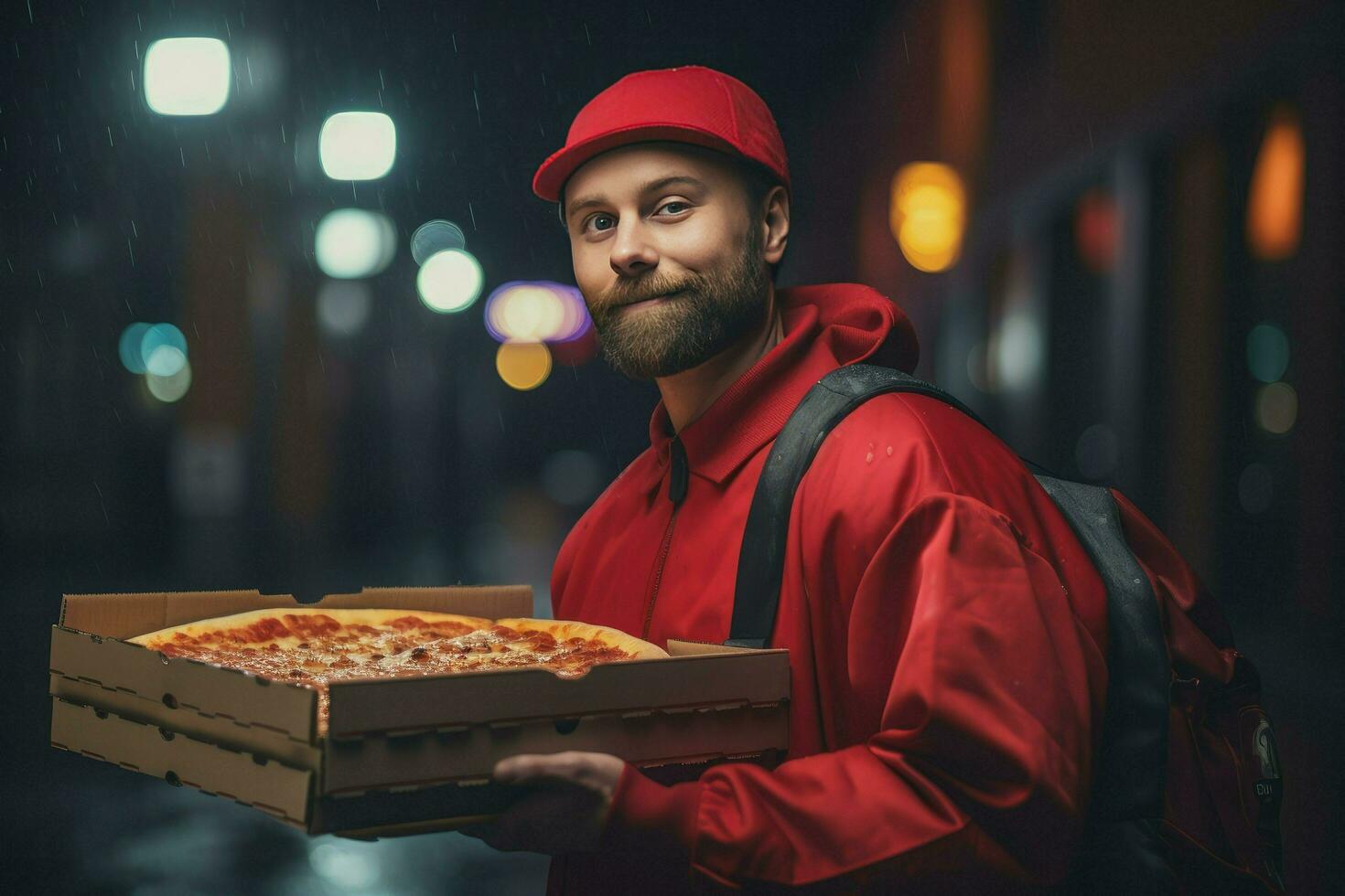 ai generado Pizza entrega hombre Listo a Pizza cajas a cliente. comida entrega servicio, Pizza para joven hombre a hogar ai generado foto