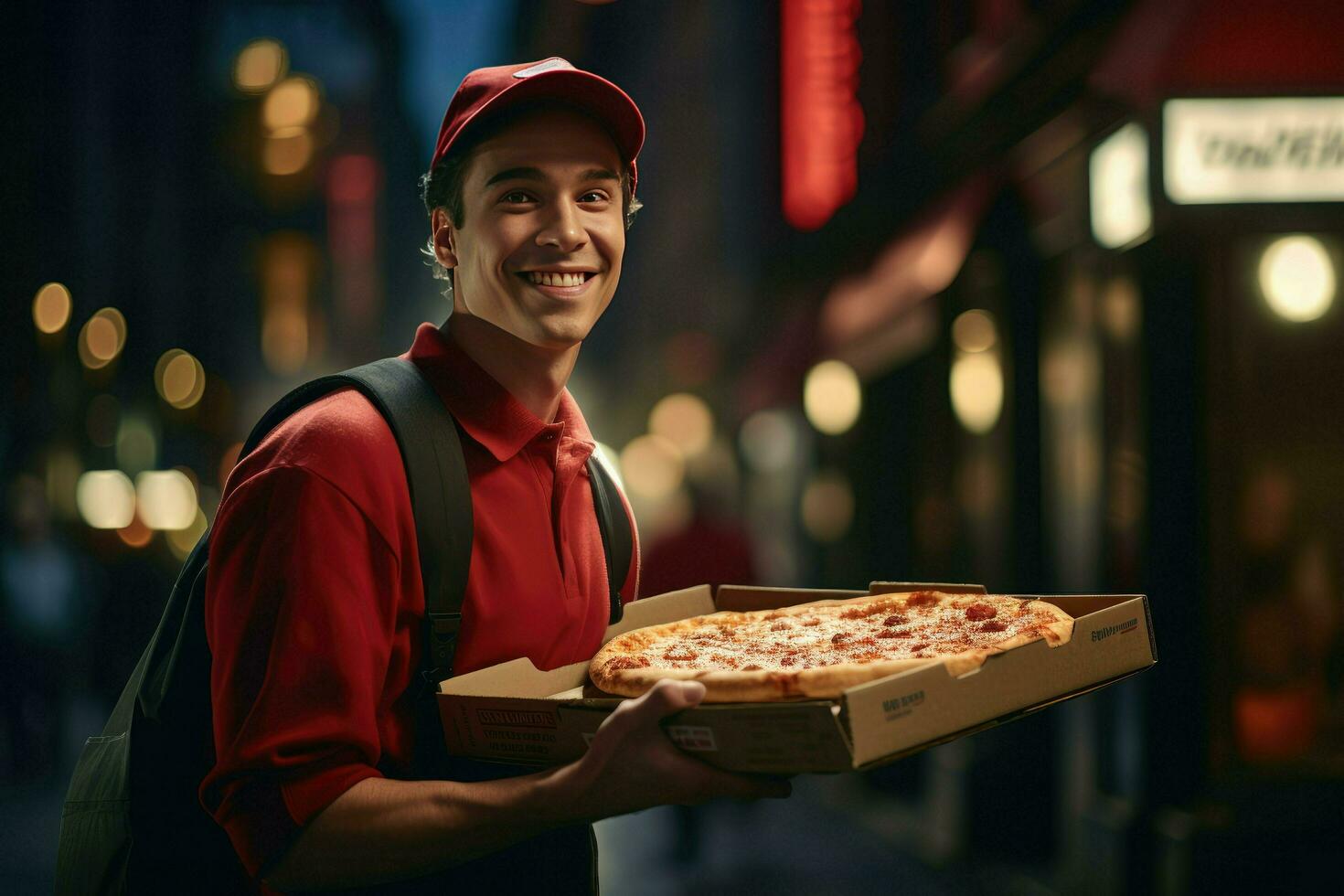 ai generado Pizza entrega hombre Listo a Pizza cajas a cliente. comida entrega servicio, Pizza para joven hombre a hogar ai generado foto