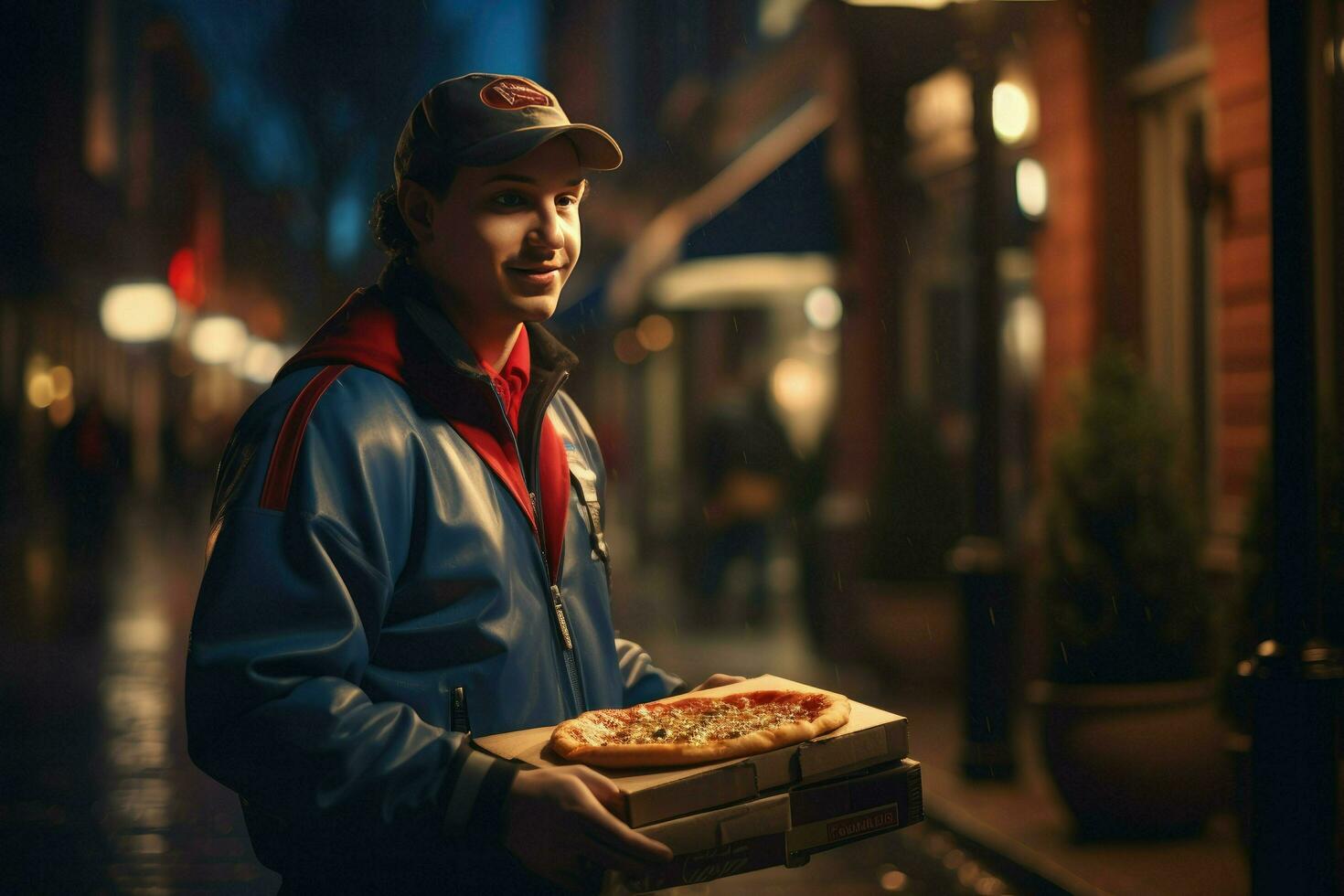 ai generado Pizza entrega hombre Listo a Pizza cajas a cliente. comida entrega servicio, Pizza para joven hombre a hogar ai generado foto