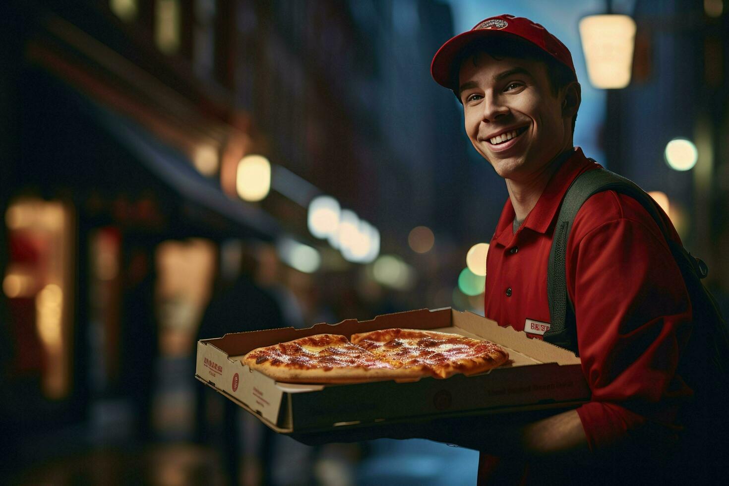 ai generado Pizza entrega hombre Listo a Pizza cajas a cliente. comida entrega servicio, Pizza para joven hombre a hogar ai generado foto