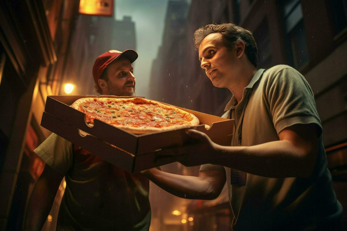 ai generado joven hombre dando Pizza cajas a hombre al aire libre. comida entrega servicio, Pizza para joven hombre a hogar ai generado foto