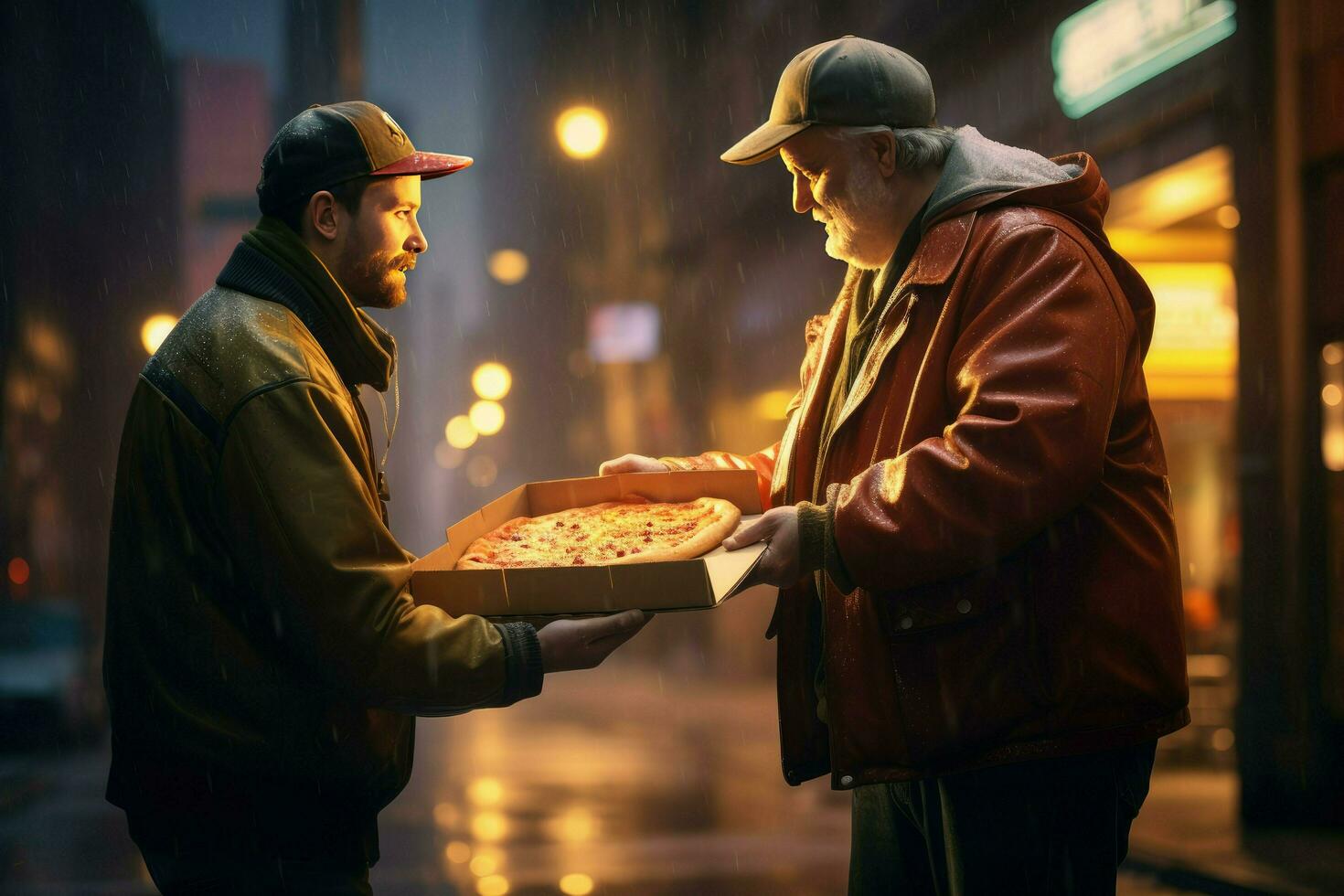 ai generado joven hombre dando Pizza cajas a hombre al aire libre. comida entrega servicio, Pizza para joven hombre a hogar ai generado foto