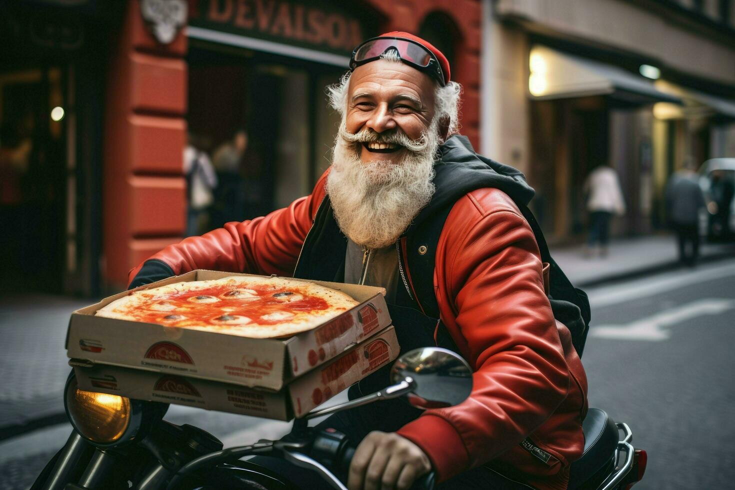ai generado Pizza entrega hombre Listo a Pizza cajas a cliente. comida entrega servicio, Pizza para joven hombre a hogar ai generado foto