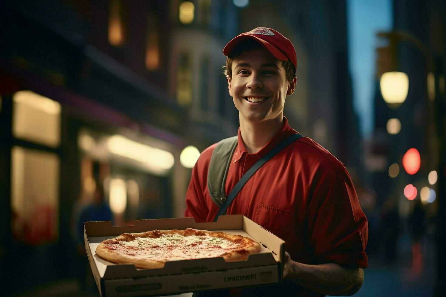 ai generado Pizza entrega hombre Listo a Pizza cajas a cliente. comida entrega servicio, Pizza para joven hombre a hogar ai generado foto