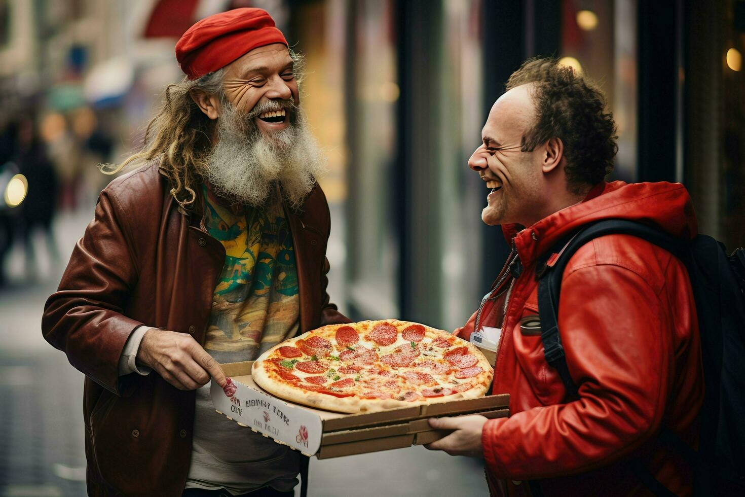 ai generado joven hombre dando Pizza cajas a hombre al aire libre. comida entrega servicio, Pizza para joven hombre a hogar ai generado foto