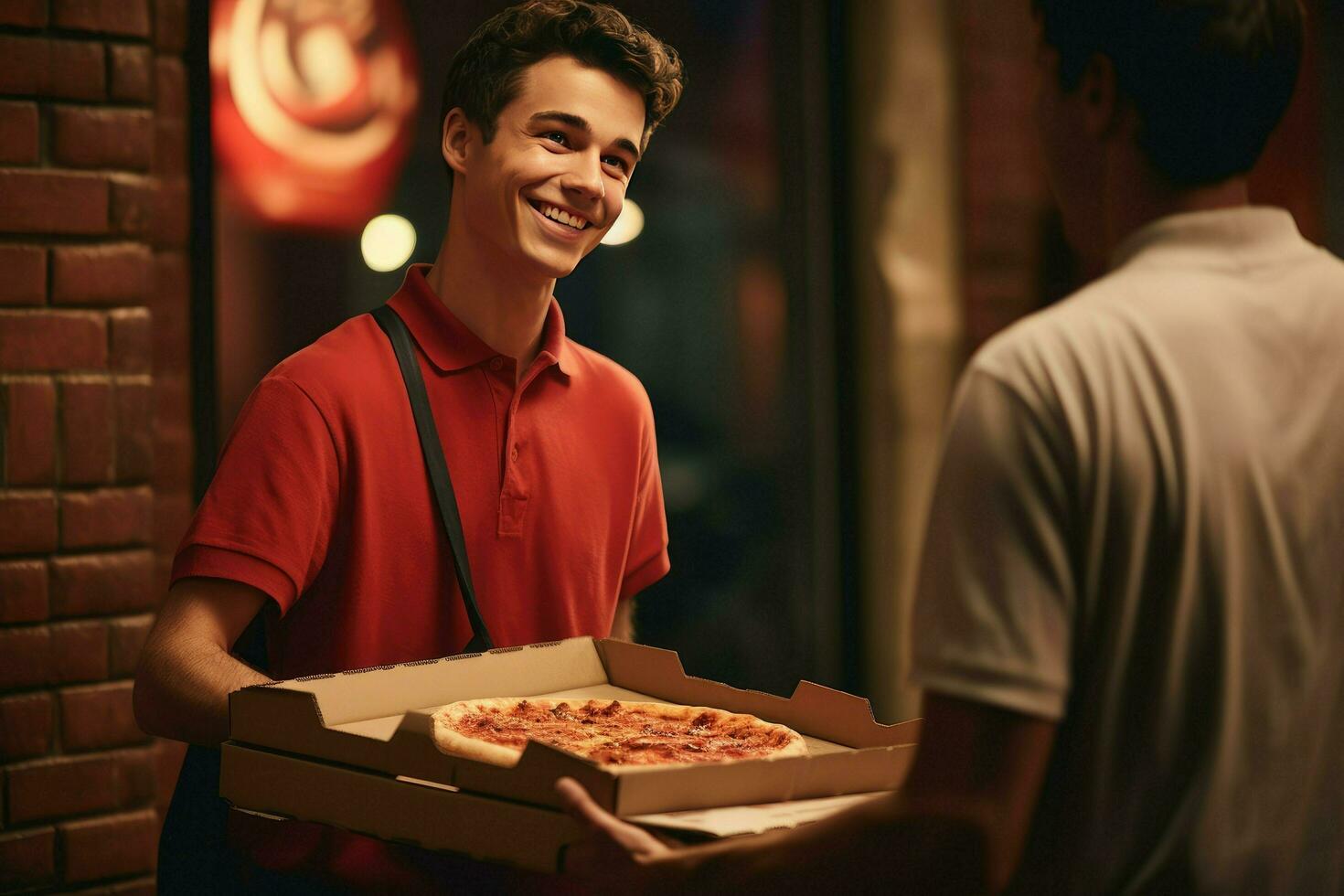 ai generado joven hombre dando Pizza cajas a hombre al aire libre. comida entrega servicio, Pizza para joven hombre a hogar ai generado foto