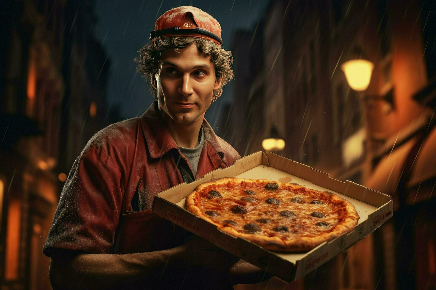 ai generado Pizza entrega hombre Listo a Pizza cajas a cliente. comida entrega servicio, Pizza para joven hombre a hogar ai generado foto