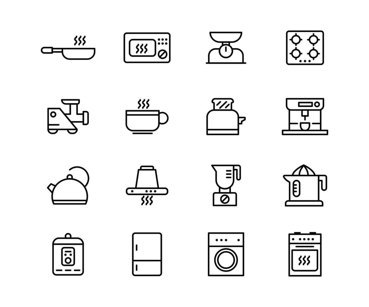 Vector line icon set related to kitchen. Outline symbol cooking and design collection utensil. Dining tool furniture and home element pictogram. Pixel perfect