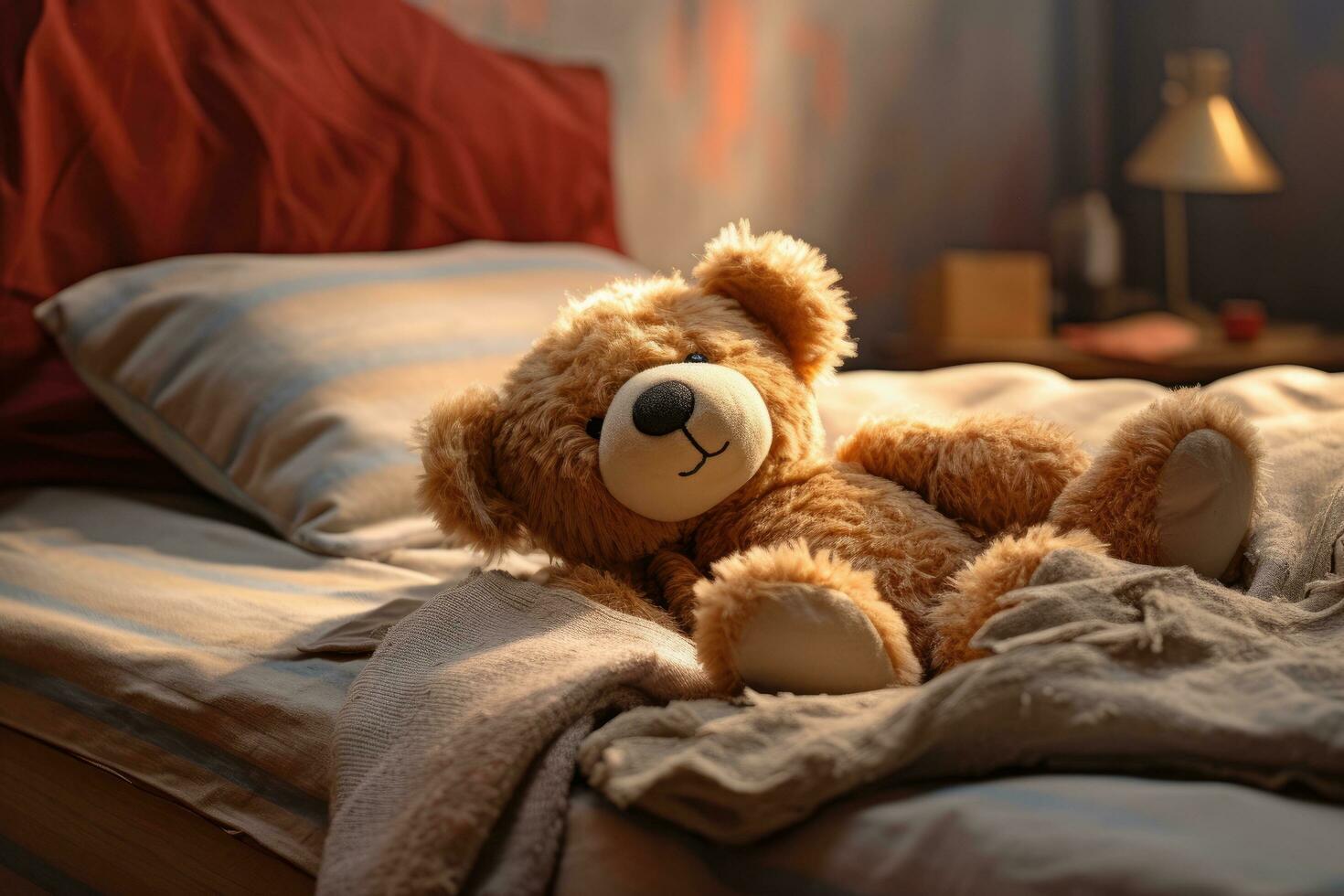 AI generated Teddy bear on bed, teddy bear on bed with pillows and lighting background Ai generated photo