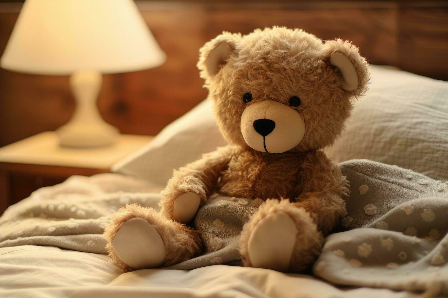 AI generated Teddy bear on bed, teddy bear on bed with pillows and lighting background Ai generated photo