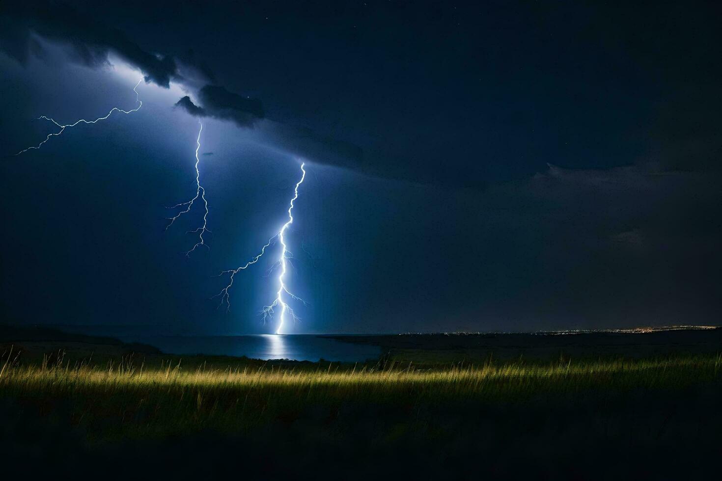 AI generated lightning strikes over a lake and grassy field photo