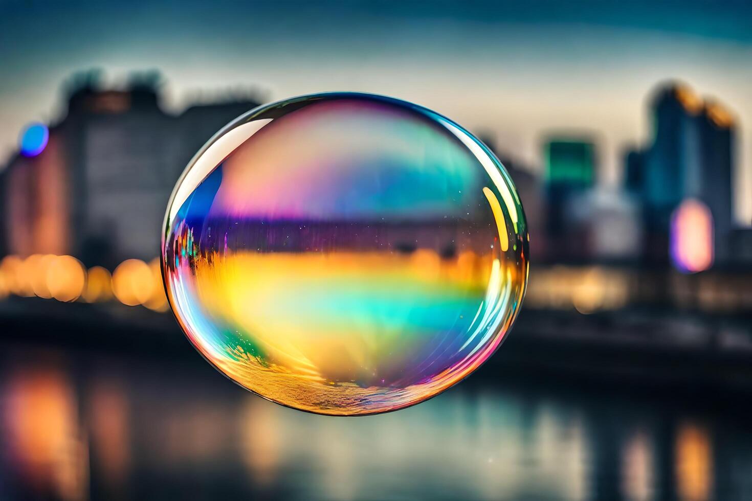 ai generado un vistoso jabón burbuja flotante en frente de un ciudad horizonte foto