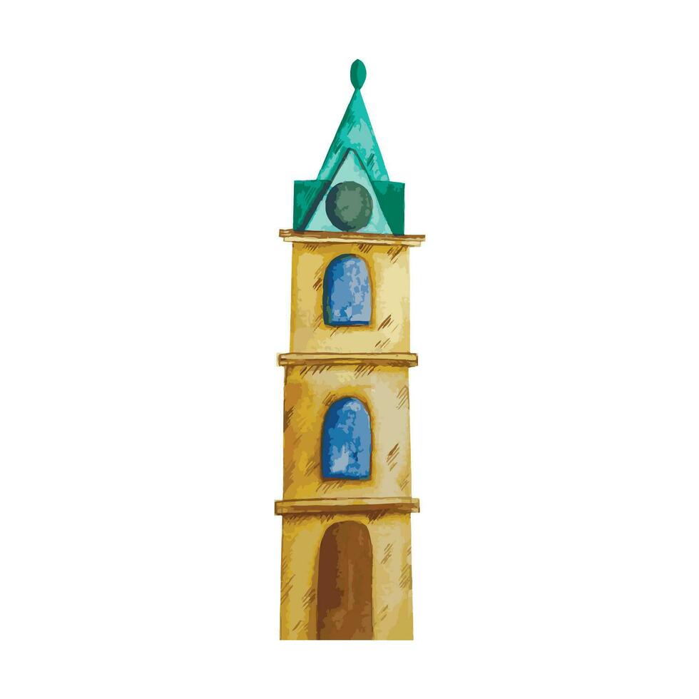 Hand drawn watercolor clock tower vector