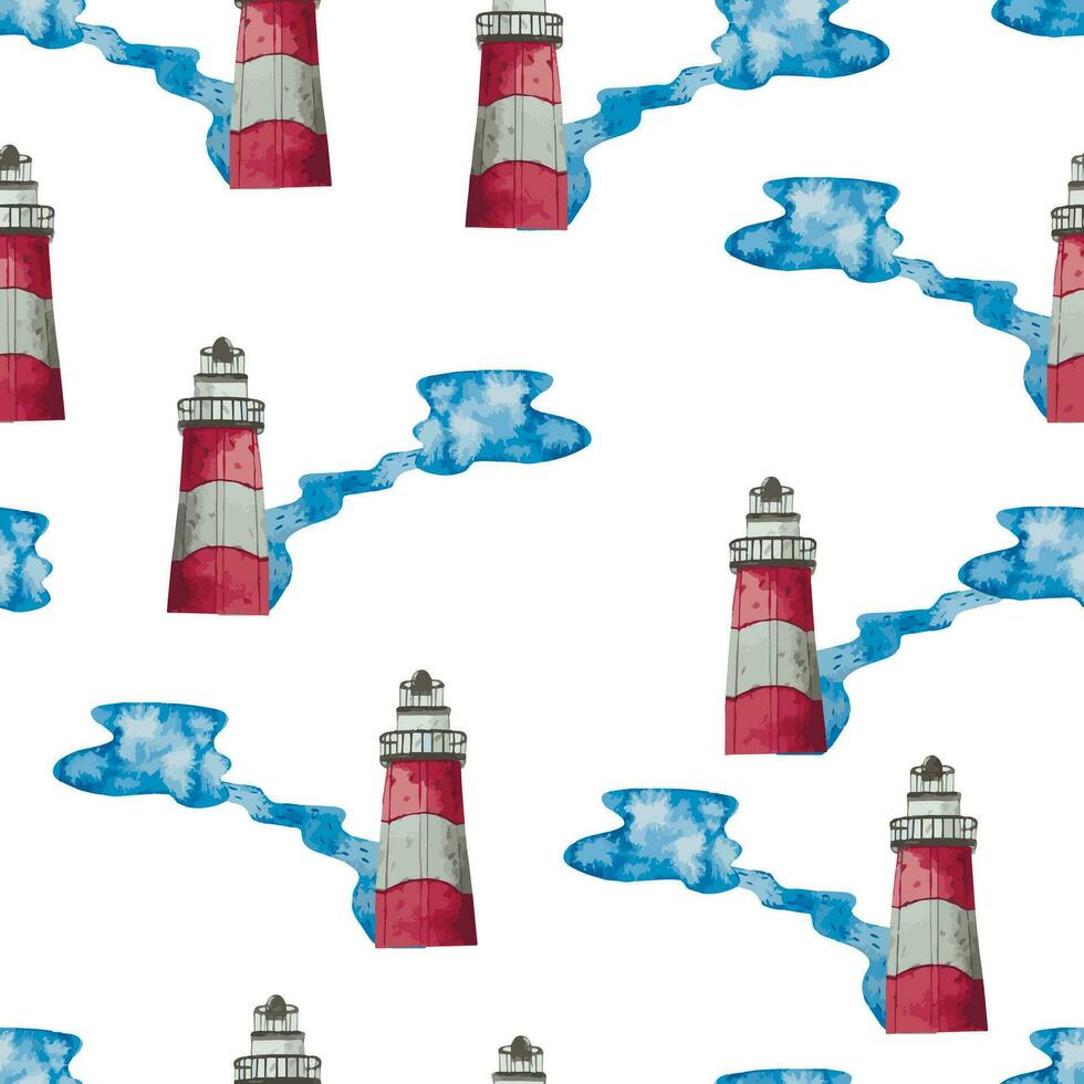 Lighthouse seamless pattern. hand drawn watercolor background, wrapping paper, textile print vector