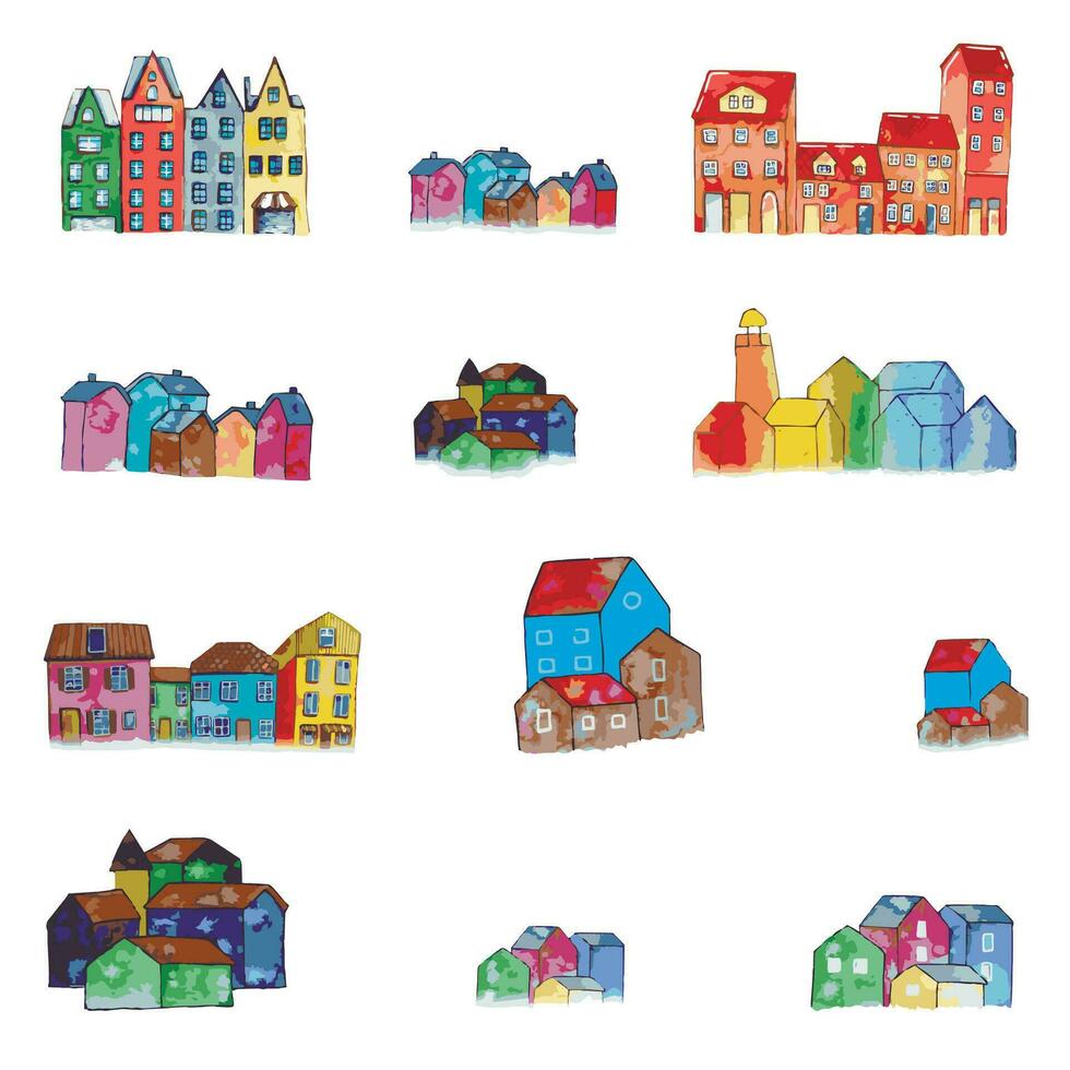 Hand drawn watercolor set of little colorful houses vector