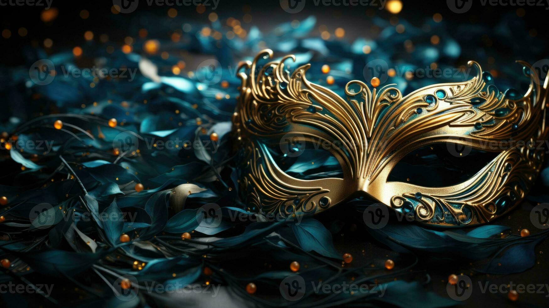 AI generated Elegant Venetian Mask Amidst Blue Feathers and Golden Beads photo