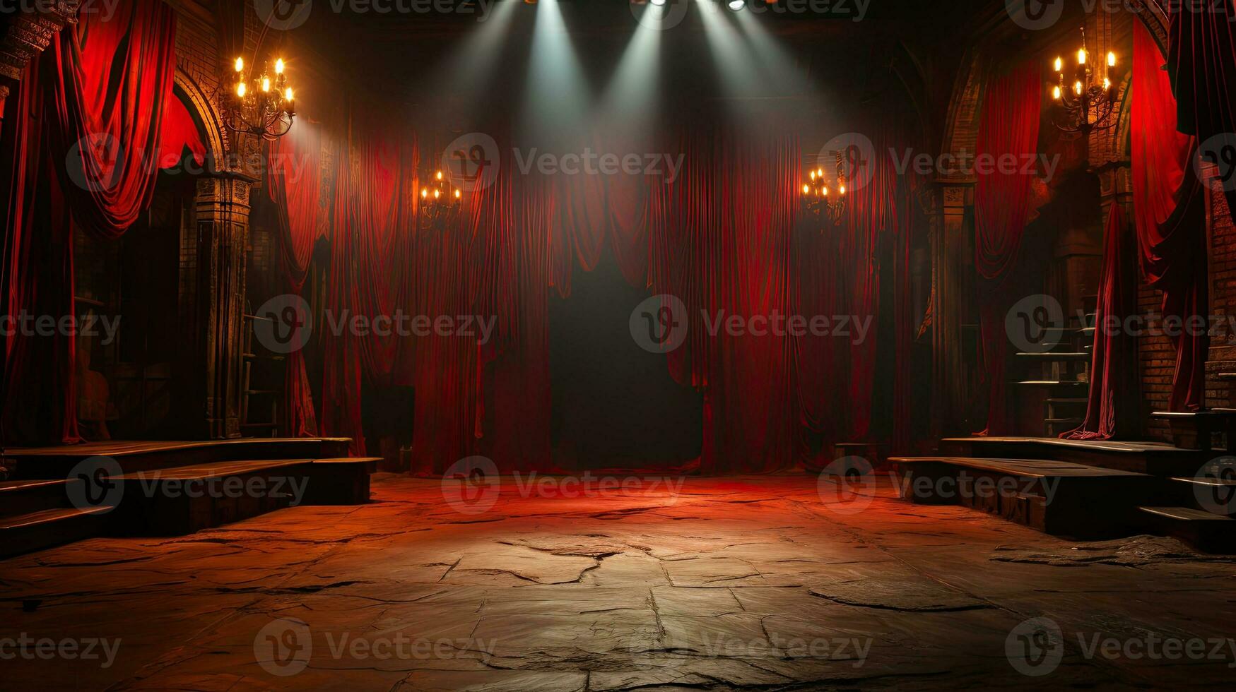AI generated Dramatic Theater Stage with Red Curtains Under Spotlight photo