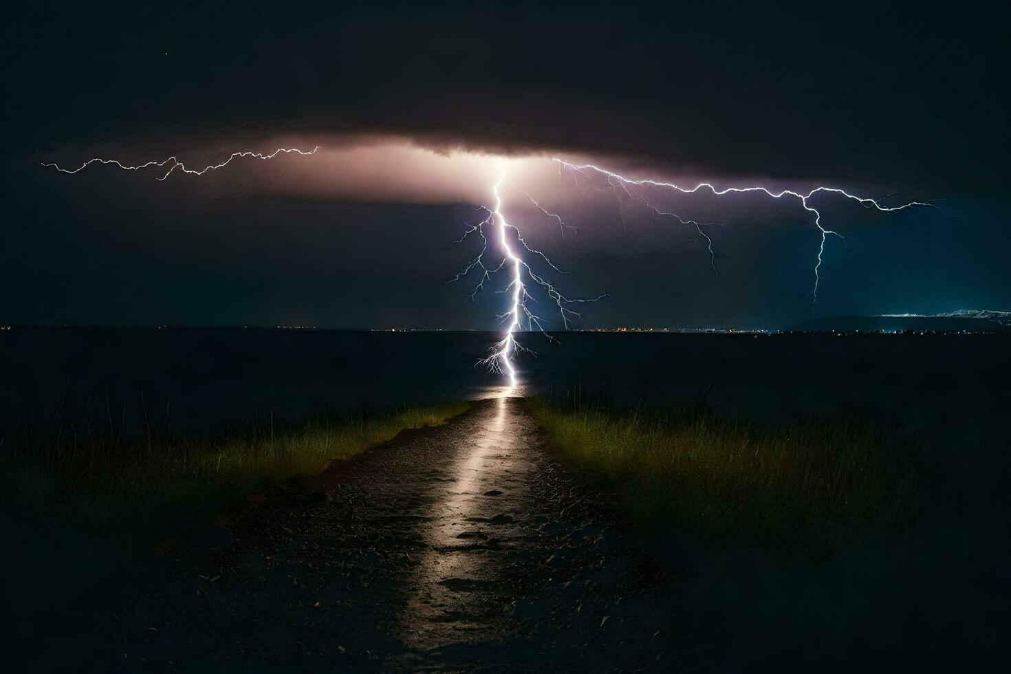 AI generated a lightning bolt is seen over a road in the dark photo