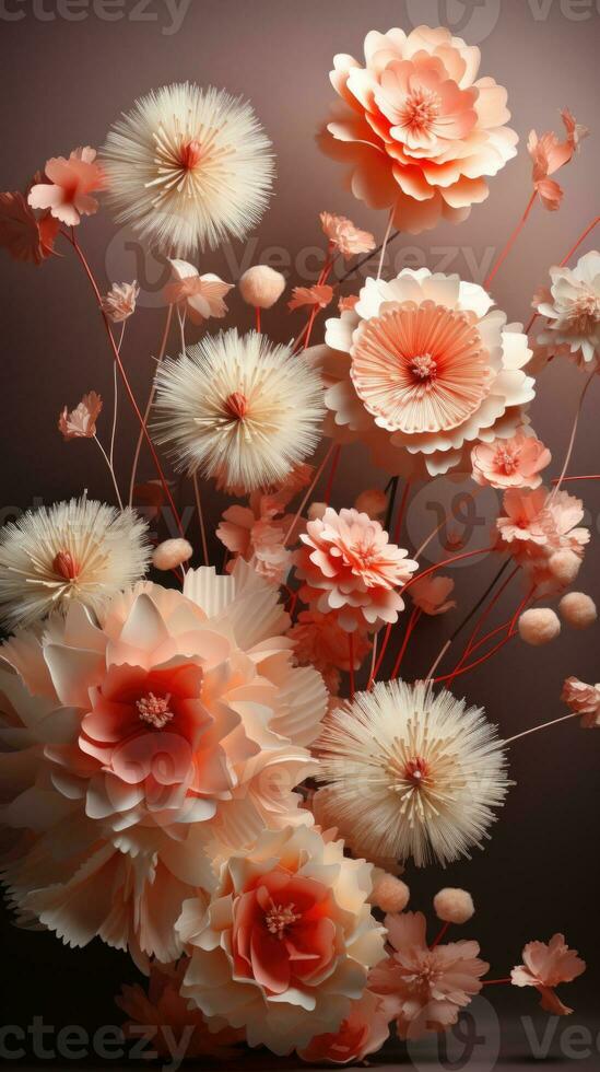 AI generated Abstract Paper Flowers in Peach Fuzz, Artistic Design Display. photo