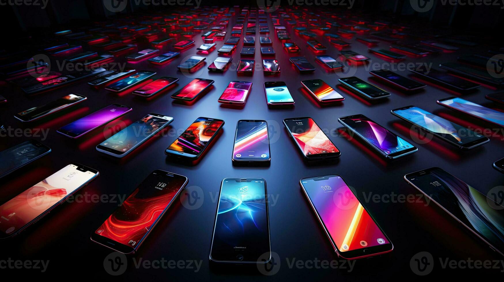 AI generated Array of Illuminated Smartphones with Colorful Display Patterns photo