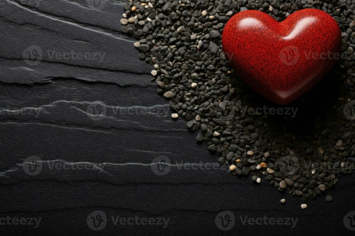 AI generated Red Heart Contrast Against Black Pebbles, Valentine's Theme. photo