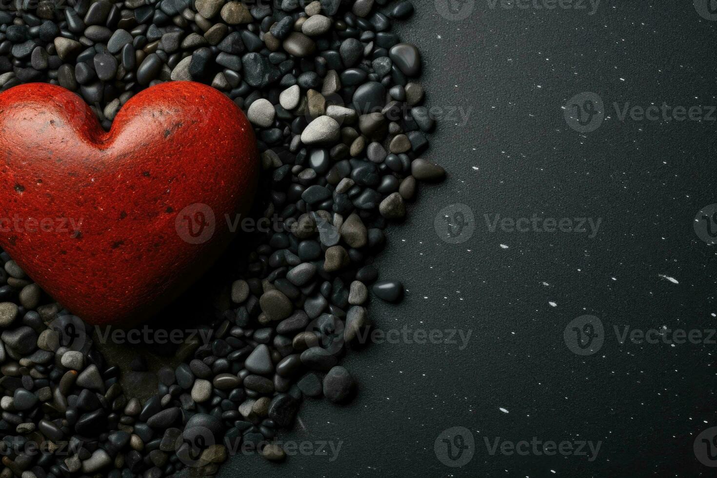 AI generated Red Heart Contrast Against Black Pebbles, Valentine's Theme. photo