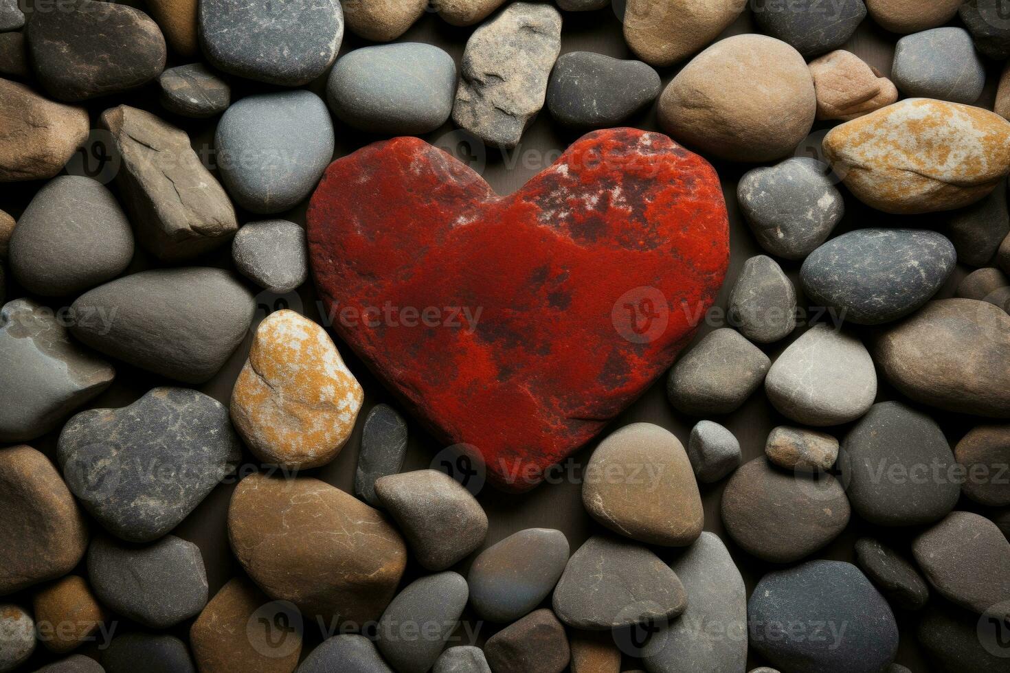 AI generated Red Heart Contrast Against Black Pebbles, Valentine's Theme. photo