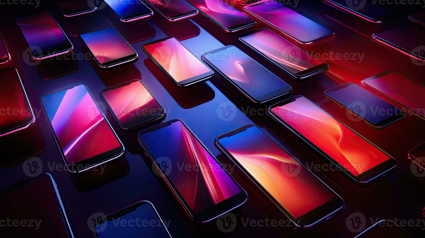 AI generated Array of Illuminated Smartphones with Colorful Display Patterns photo