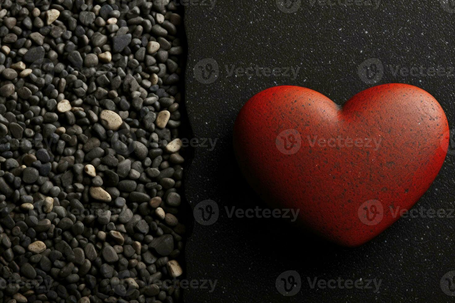 AI generated Red Heart Contrast Against Black Pebbles, Valentine's Theme. photo