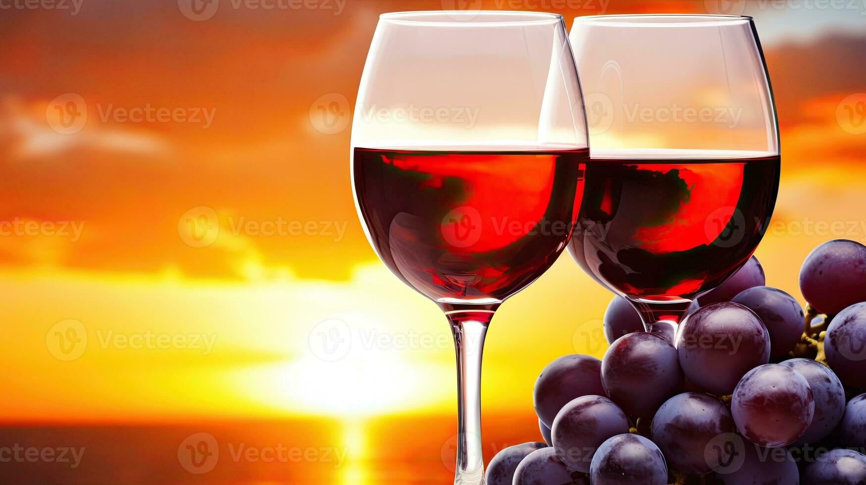 AI generated Romantic Wine Toast at Sunset with Vineyard Grapes. photo