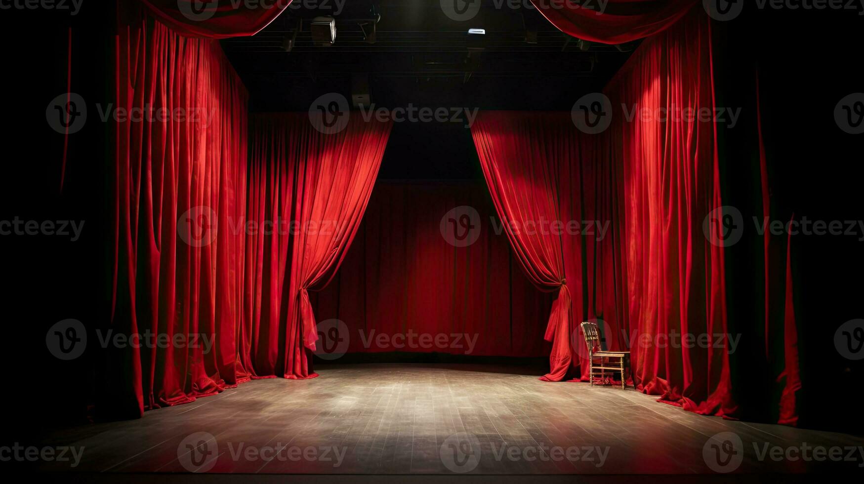 AI generated Dramatic Theater Stage with Red Curtains Under Spotlight photo