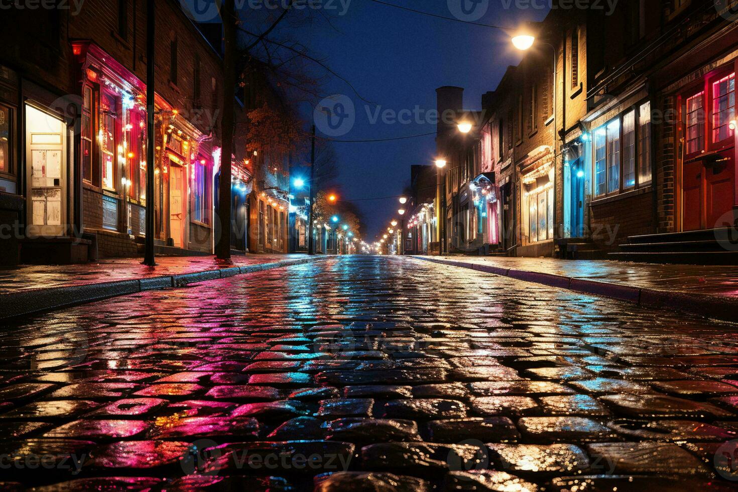 AI generated a beautiful night scene of a cobblestone street with colorful lights reflecting off the wet surface. The street is lined with brick buildings and street lamps photo