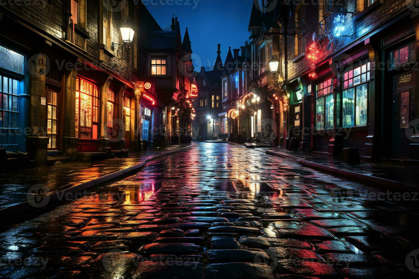 ai generado un hermosa noche escena de un guijarro calle en un europeo ciudad. el calle es forrado con antiguo edificios y tiendas, todas iluminado arriba con vistoso luces. foto