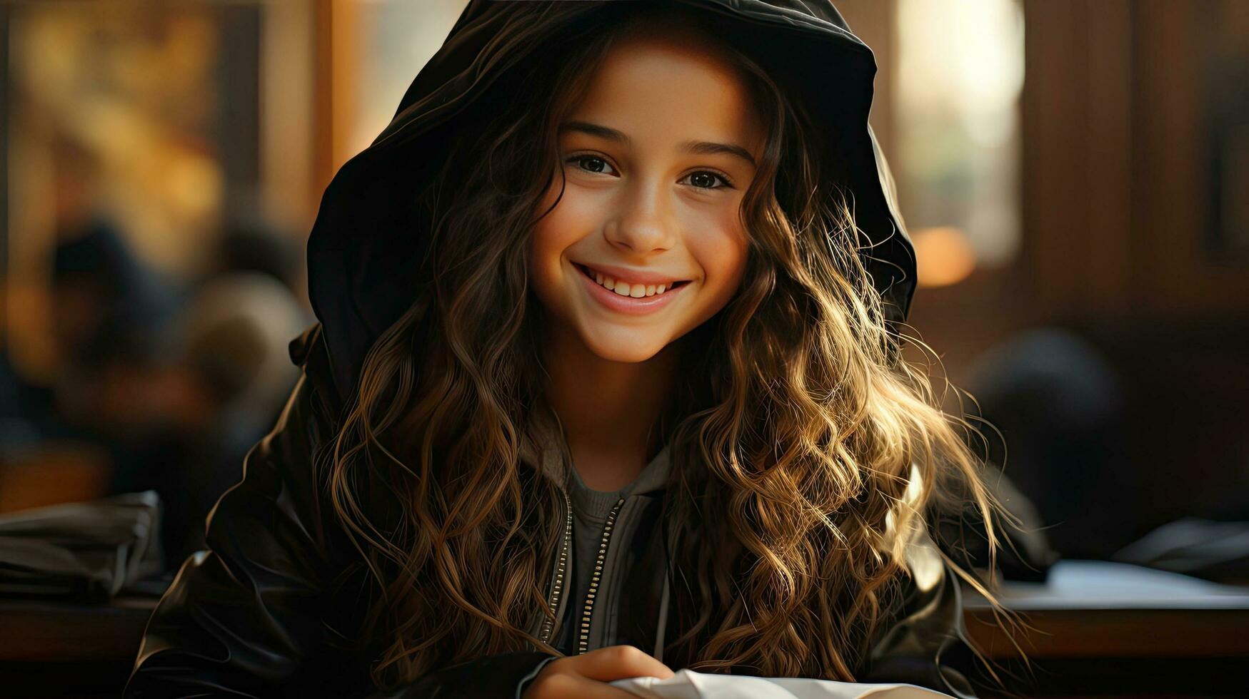 AI generated Happy smiling joyful girl schoolgirl at her desk at school photo