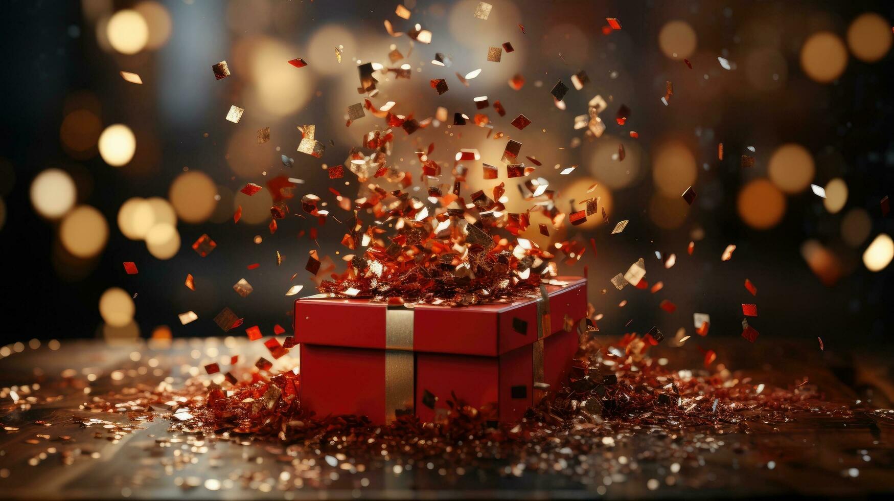 AI generated Red gift box with a gift tied with a ribbon bow and an explosion of confitti fireworks, for Valentine's day, birthday or Christmas holiday New Year background photo