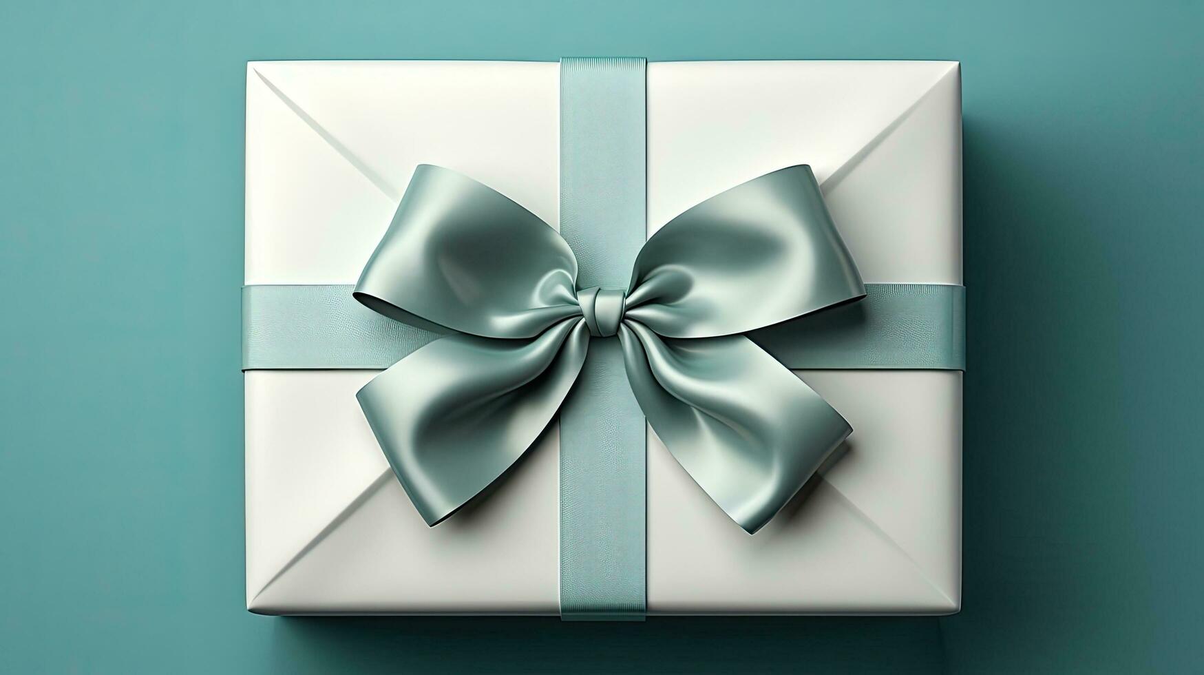 AI generated Blue gift box with present tied with ribbon bow for valentine's day birthday or Christmas festive new year background photo