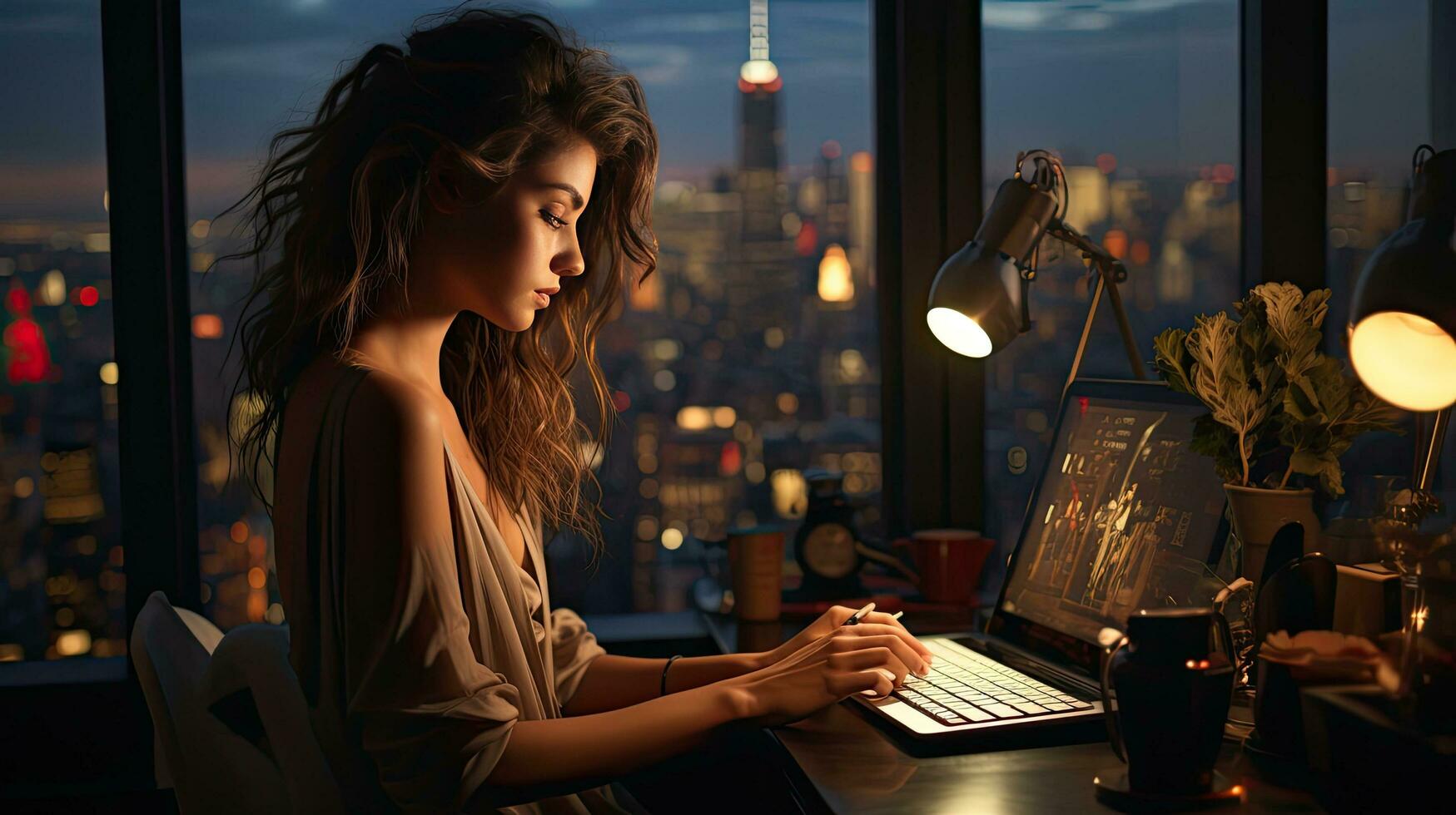 AI generated Woman careerist office worker professional works at a computer laptop in the office lingering after work at night against the backdrop of a big city photo