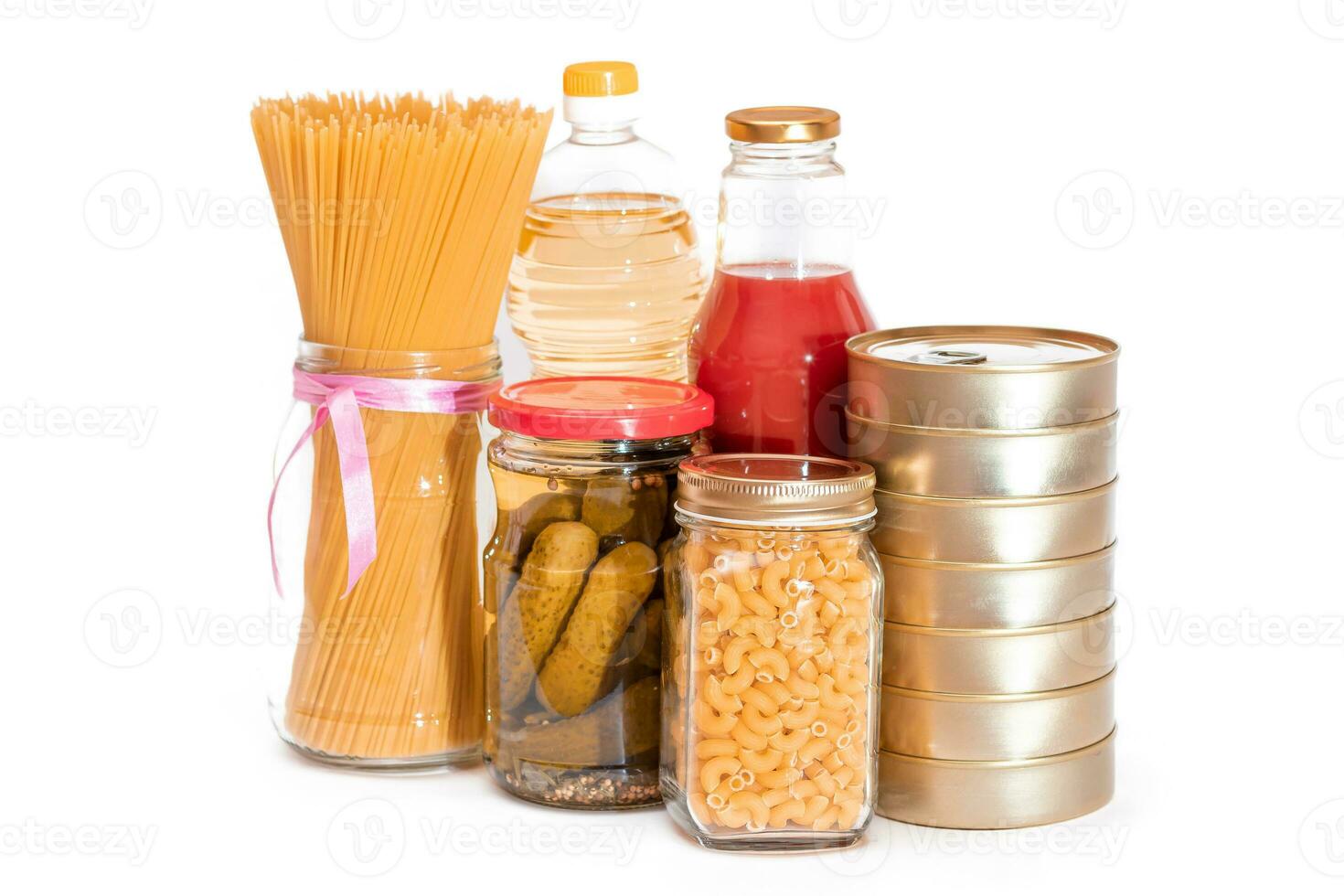 Food Reserves. Canned Food, Spaghetti, Pate, Tuna, Tomato Juice, Pasta, Fish and Grocery - Isolated on White Background. Emergency Food Storage in Case of Crisis. Strategic Food Supplies - Isolation photo