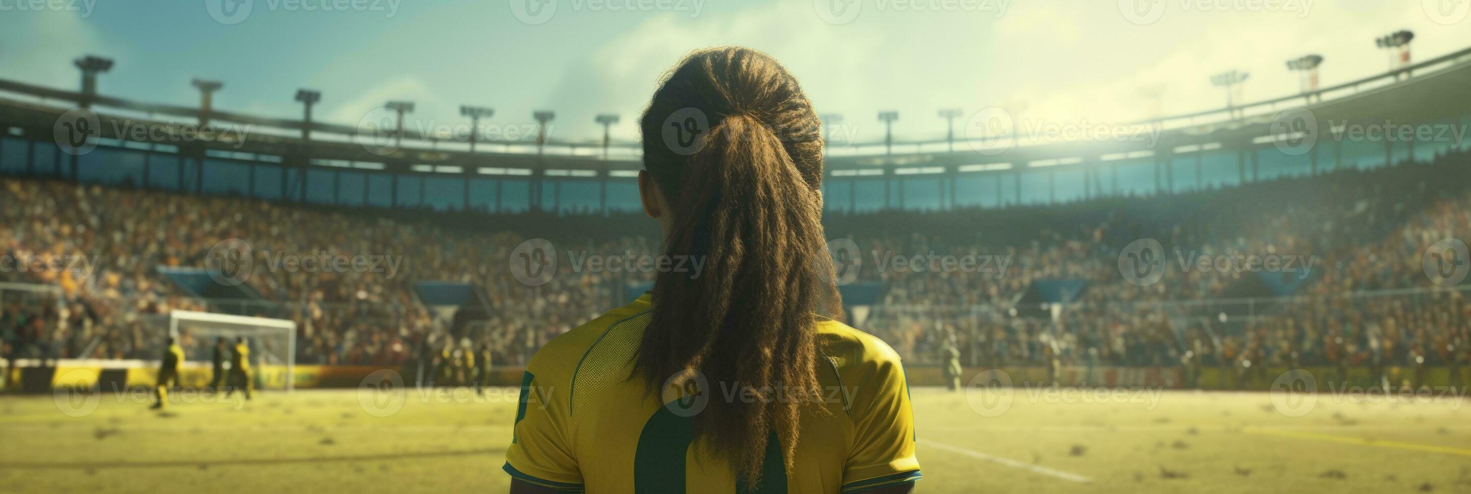 AI generated woman player standing on a soccer game field, generative ai photo