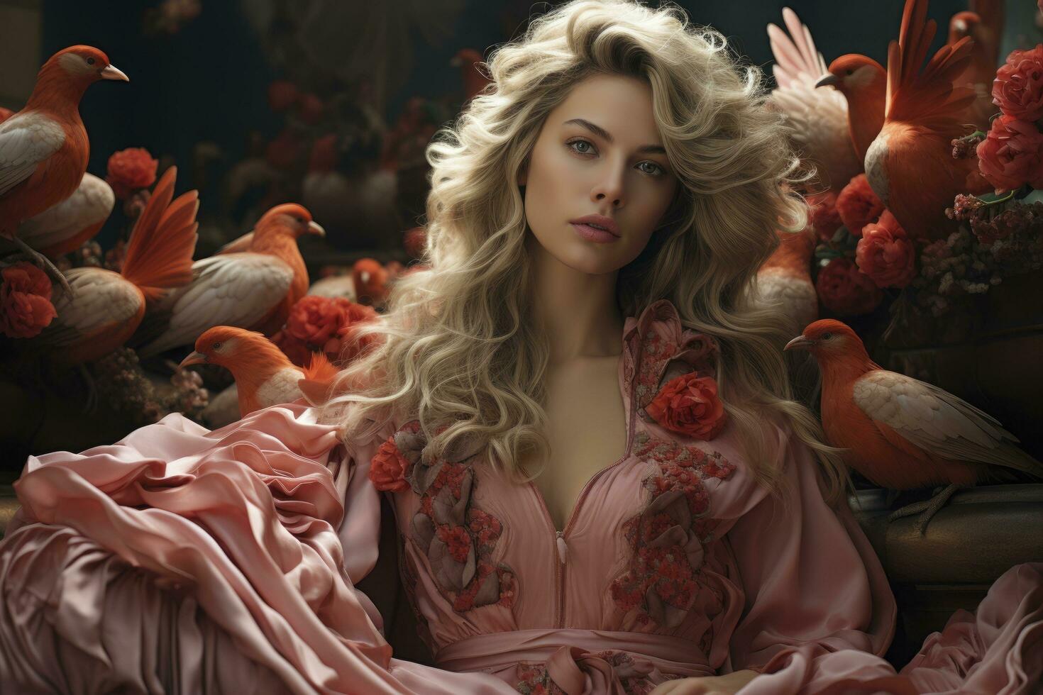AI generated a blonde woman in a red dress. Generative ai photo