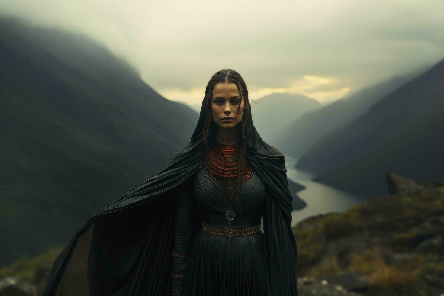 AI generated viking woman among mountains. generative ai photo