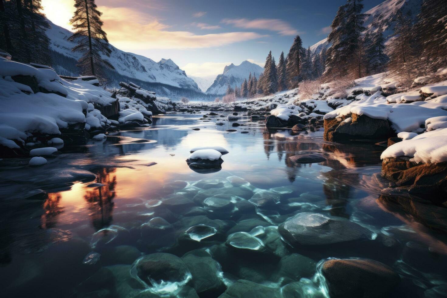 AI generated frozen lake landscape between mountains. generative ai photo