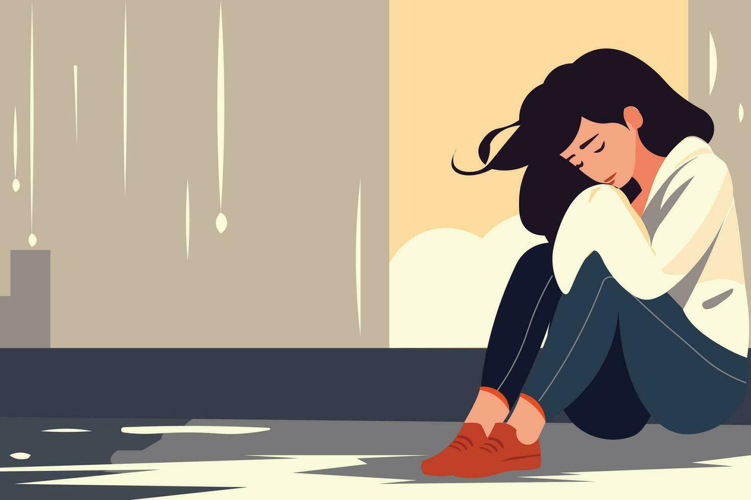 triste solitario mujer en depresión con volador cabello. joven infeliz niña sentado y abrazando su rodillas Deprimido adolescente. vistoso vector ilustración en plano dibujos animados estilo