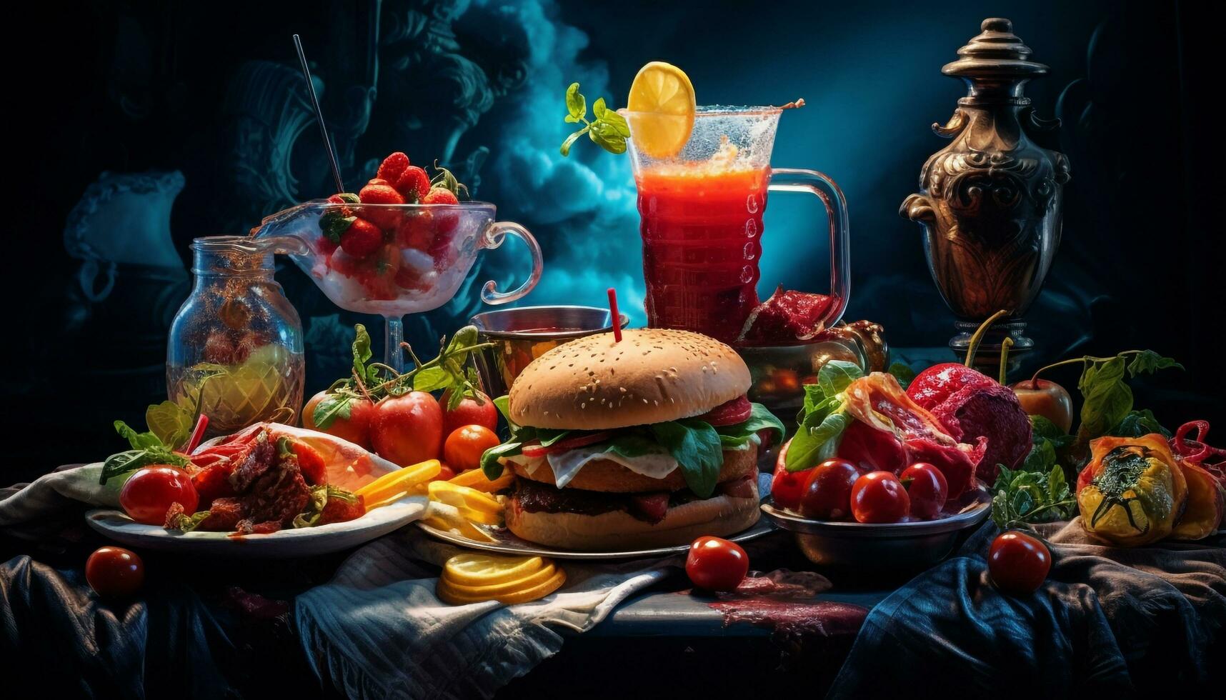 ai generado impresionante comida y Fruta mesa foto