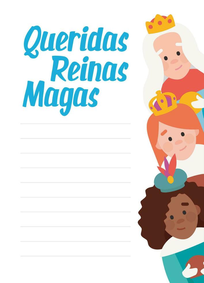 Funny vectorized letter. Dear wise women, written in Spanish. Queens of orient vectors