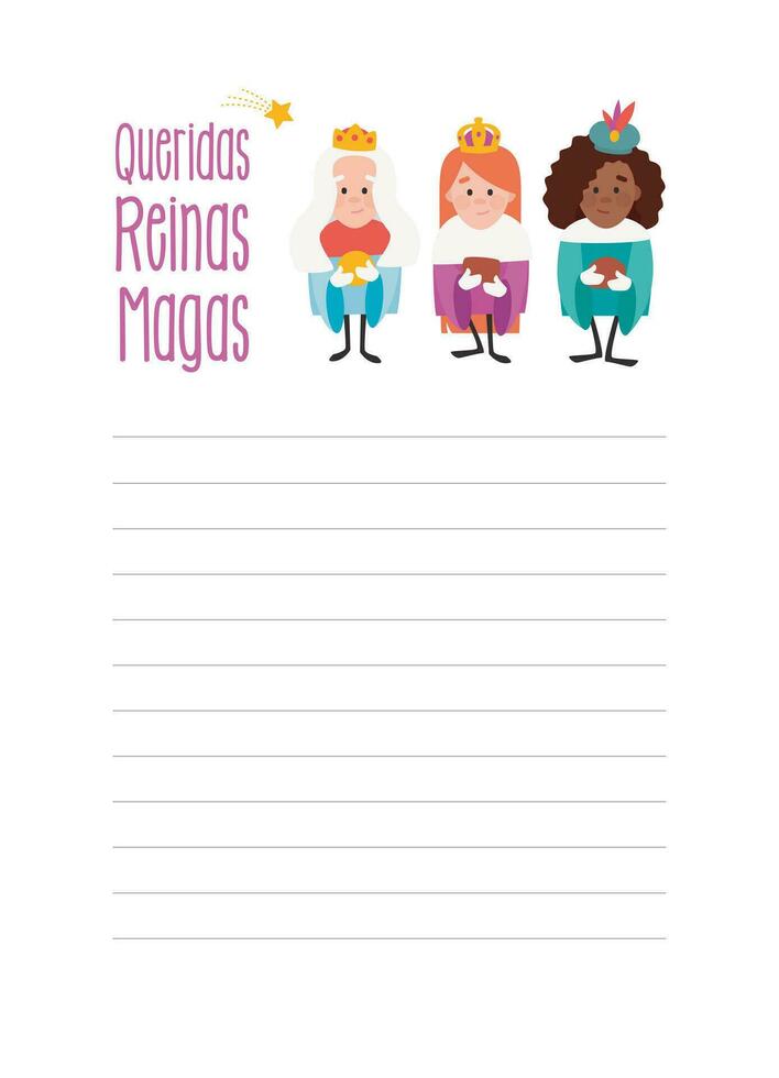 Funny vectorized letter. Dear wise women, written in Spanish. Queens of orient vectors. vector